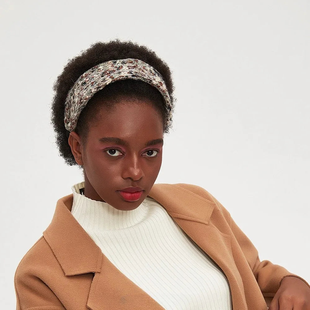 Multicolor knit printed women's headband with winter color palette, soft fabric style