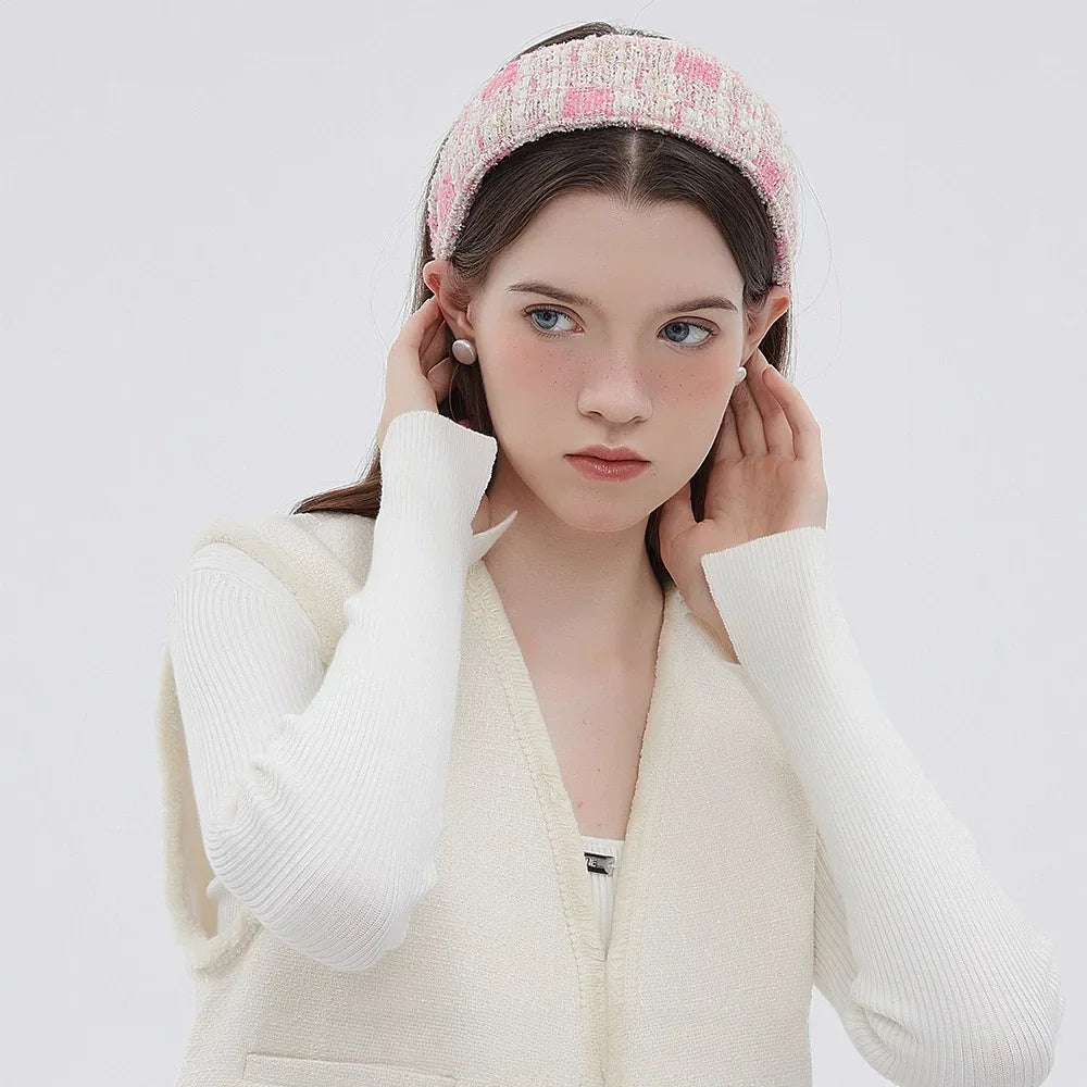 Pink and white textured bow headband, women's stylish knitted fabric accessory