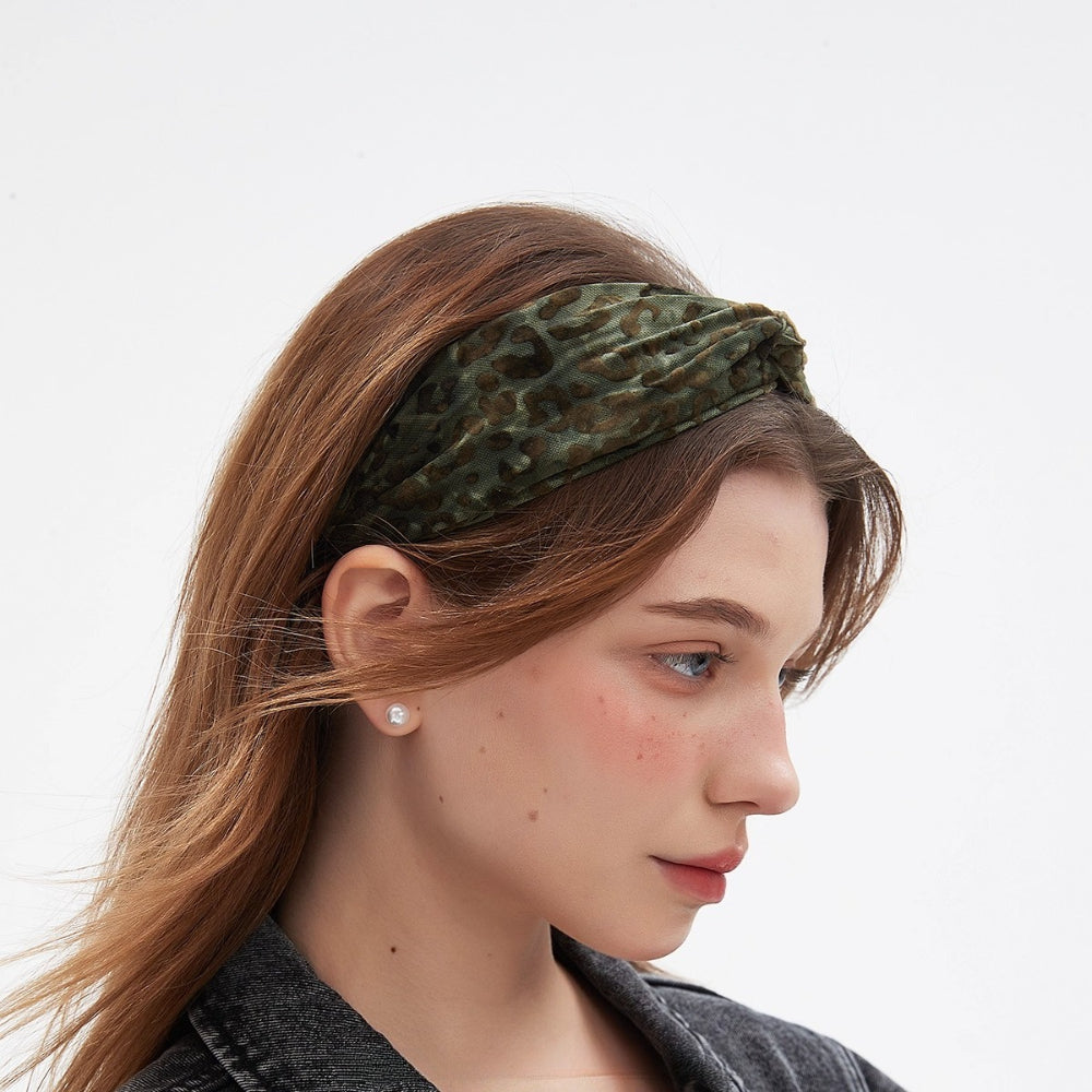 Green velvet leopard print women's embellished headband with twisted knot detail