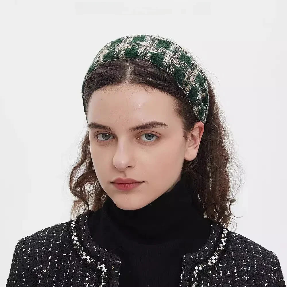 Green and beige plaid tweed padded bow headband for women, textured fabric style