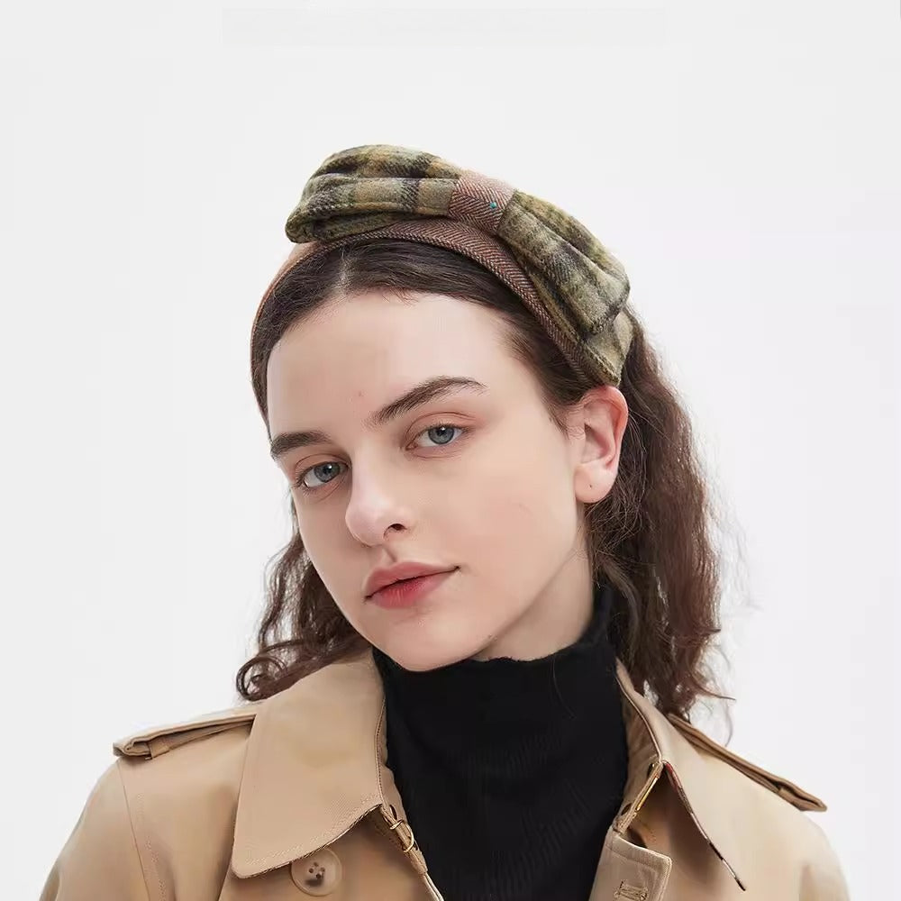 Women's brown and green plaid bow headband with soft fabric, embellished style