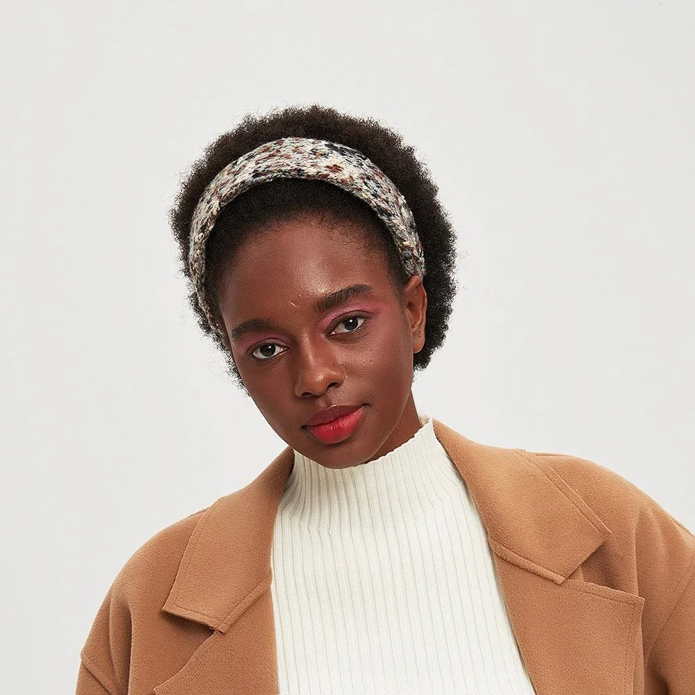 Women's printed knit fabric headband with multicolor pattern, minimalist style