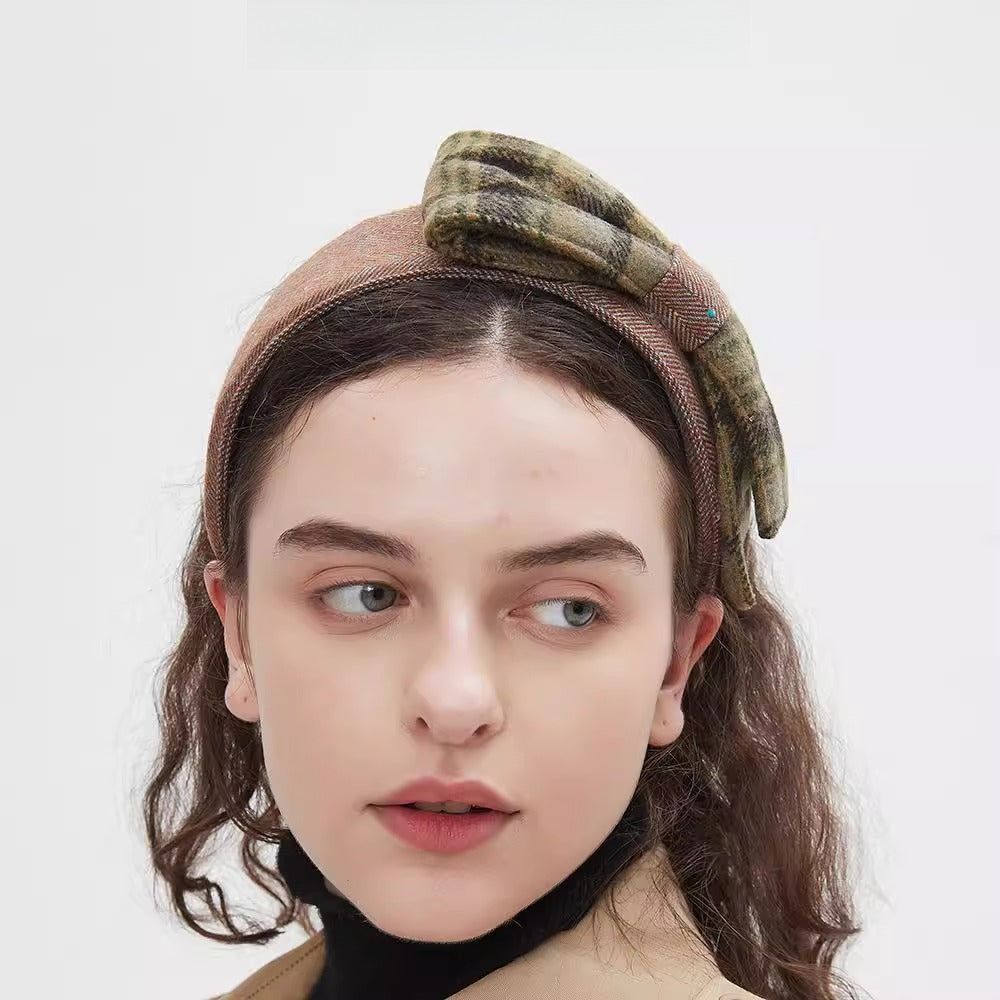 Women’s plaid fabric bow headband in earthy tones, embellished style, wool blend material