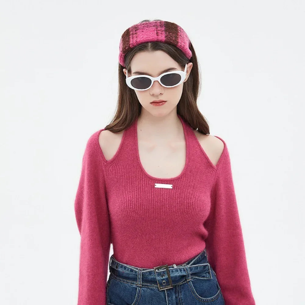 Pink and brown plaid knitted bow headband for women