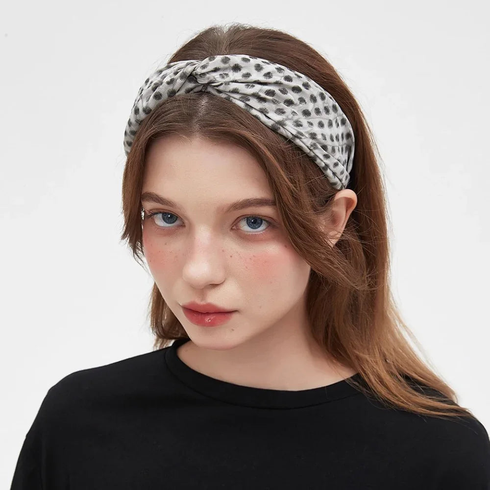 Women's gray leopard print twisted knot fabric headband, printed style