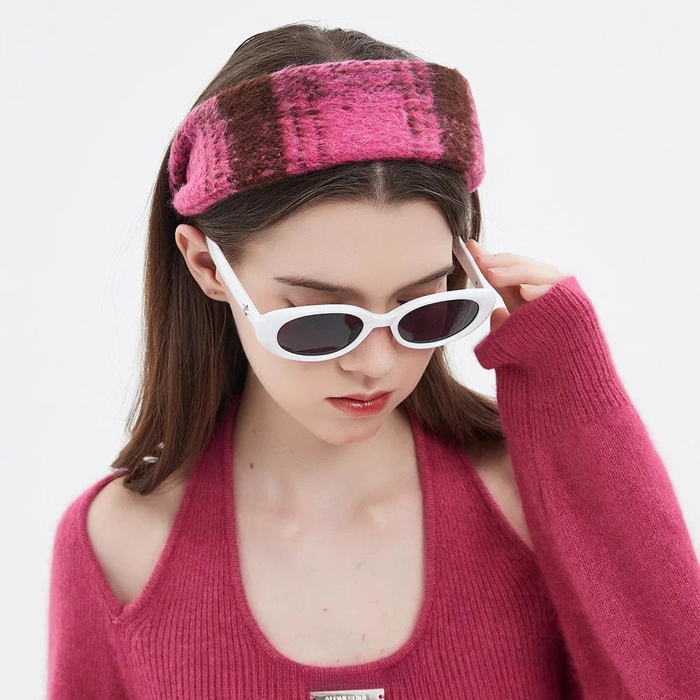 Women's pink and brown plaid woolen embellished headband
