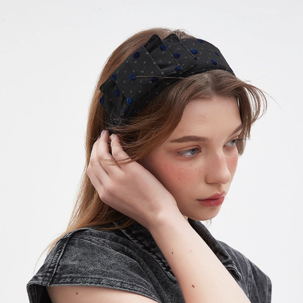 Black textured bow headband with blue velvet polka dots, women's embellished headband