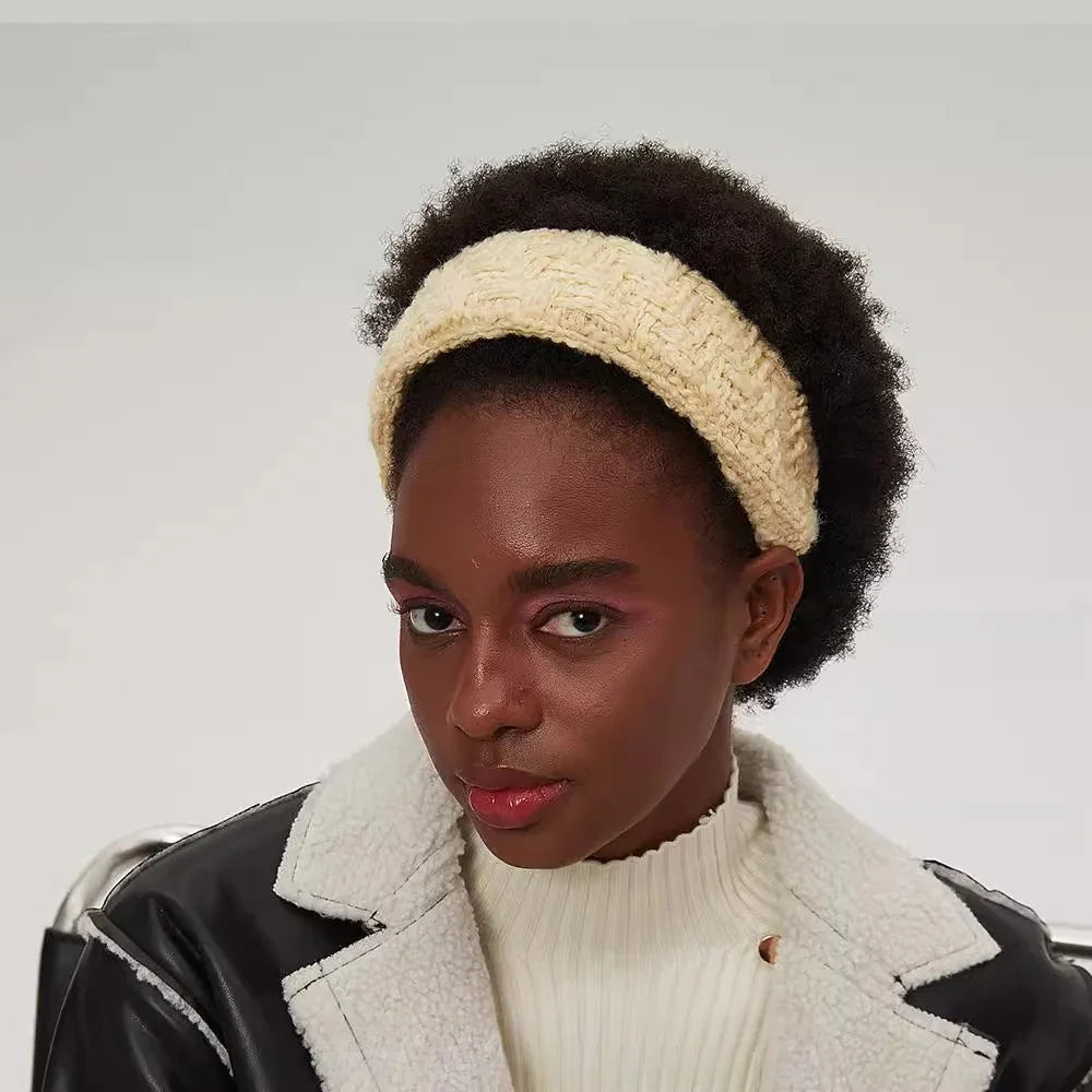 Cream color knitted textured women's headband minimalistic style