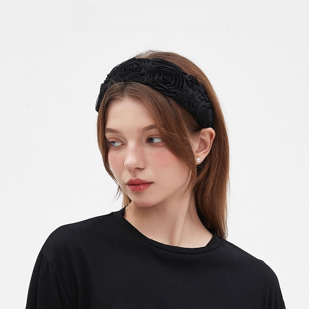 black fabric headband with floral rosette embellishments, women's embellished headband