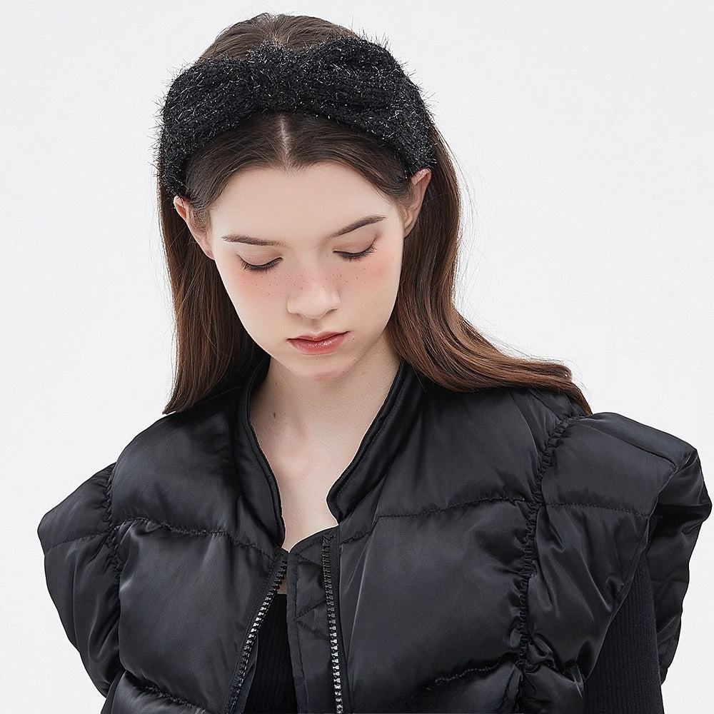 Black textured bow headband in fuzzy material, women's embellished style