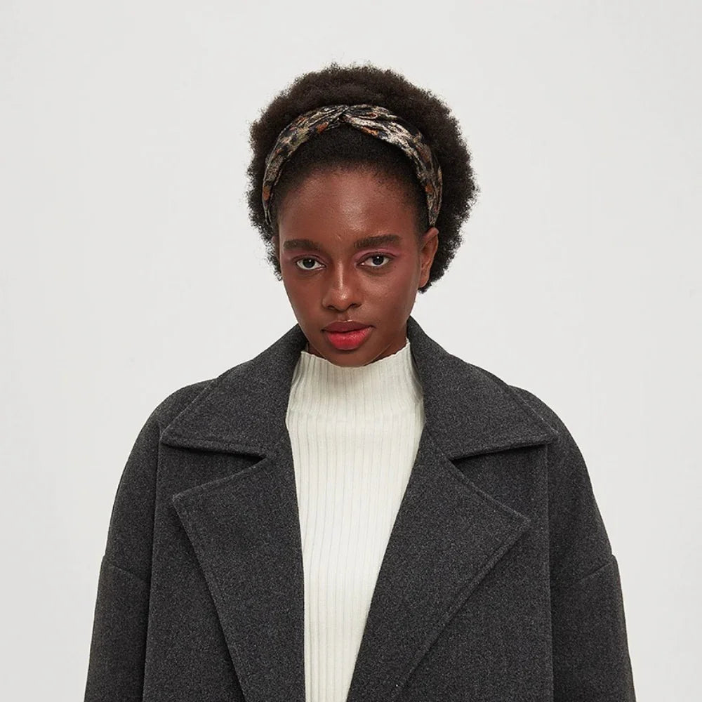 women's printed fabric headband with twisted knot in earthy tones, embellished style