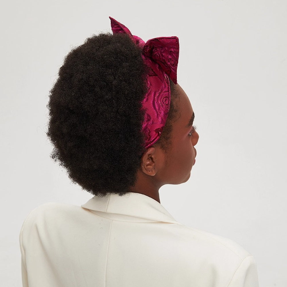 Women's burgundy bow headband with jacquard floral pattern, elegant fabric, embellished style