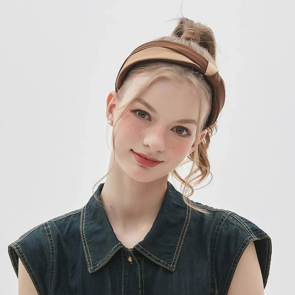 Brown and beige twisted bow headband in satin material, women's embellished headband