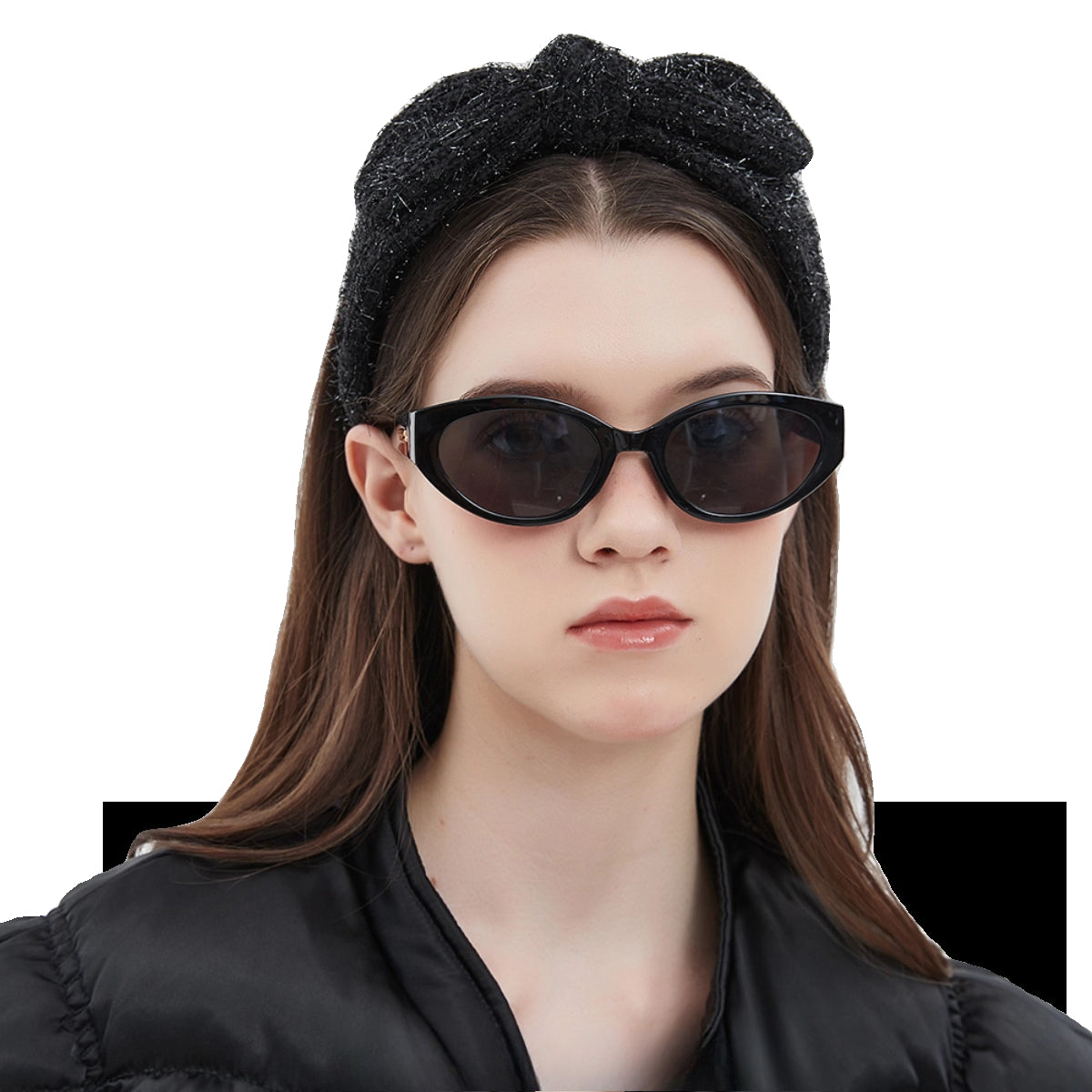 Black textured bow headband for women in minimalist style