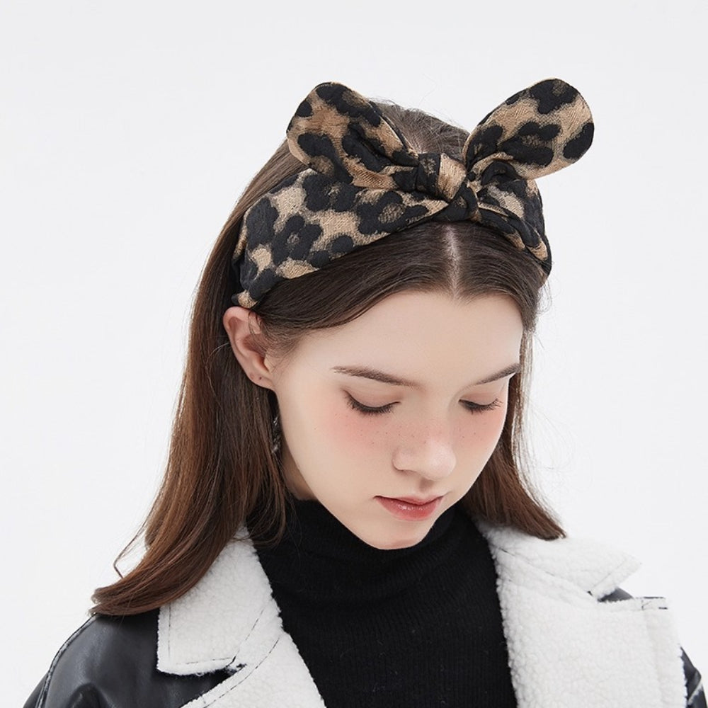Leopard print bow headband in black and brown, women's printed fabric headband