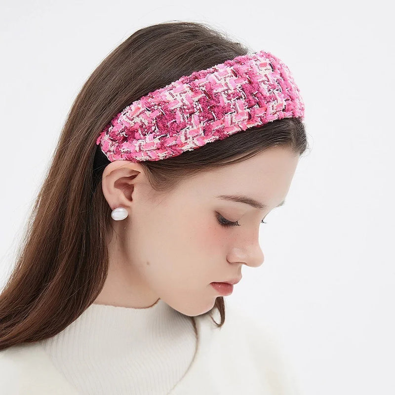 Pink tweed woven fabric headband, minimalist style women's accessory