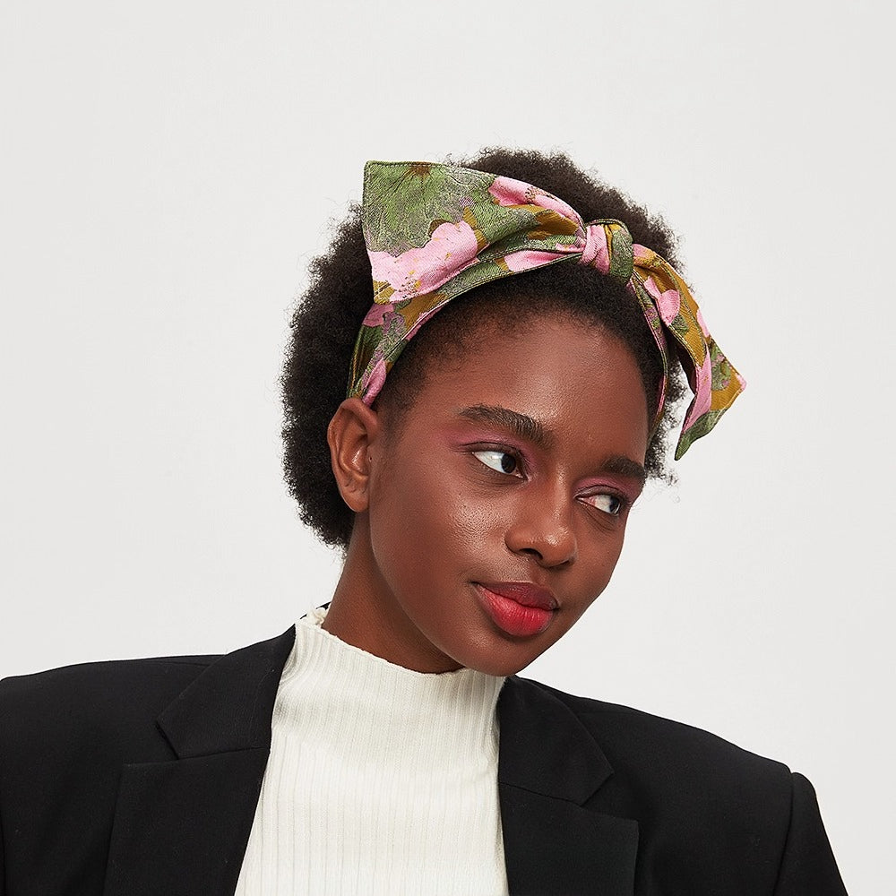 Green and pink floral printed bow headband in fabric, women's fashion accessory