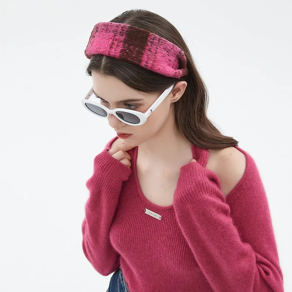 Pink and brown plaid woolen printed women's headband in a cozy style