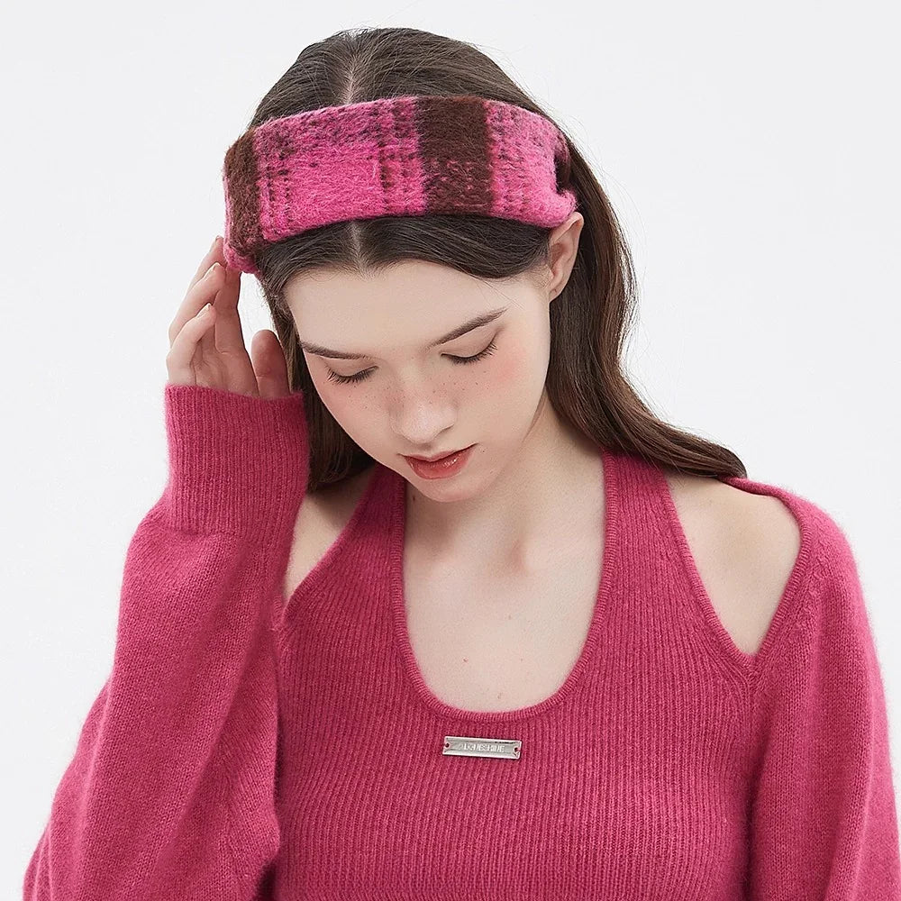 Women's pink and brown plaid printed wool headband in a wide style
