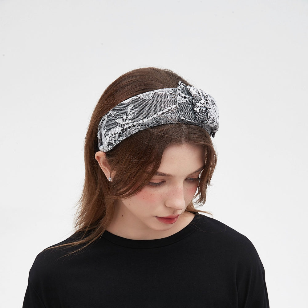 Black and white lace bow headband with floral pattern, women's embellished accessory