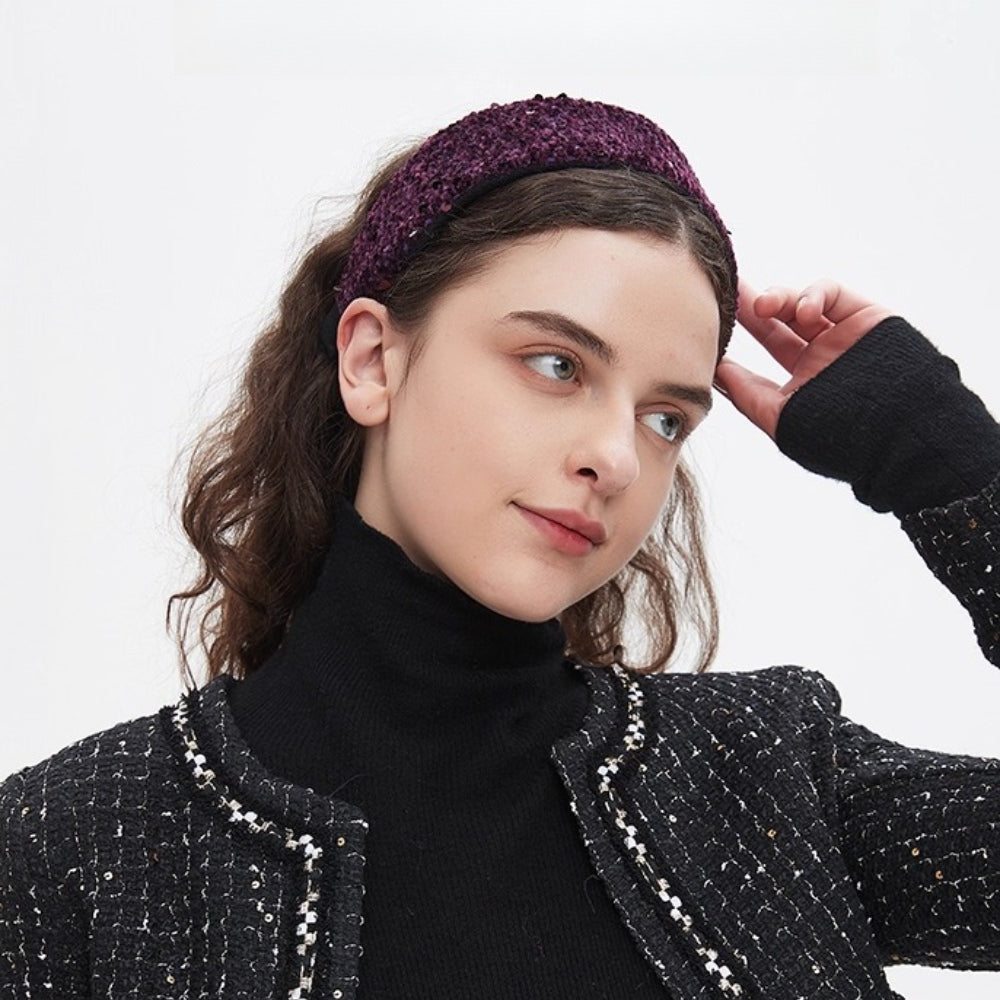 Women's purple knit minimalist headband with textured wool fabric