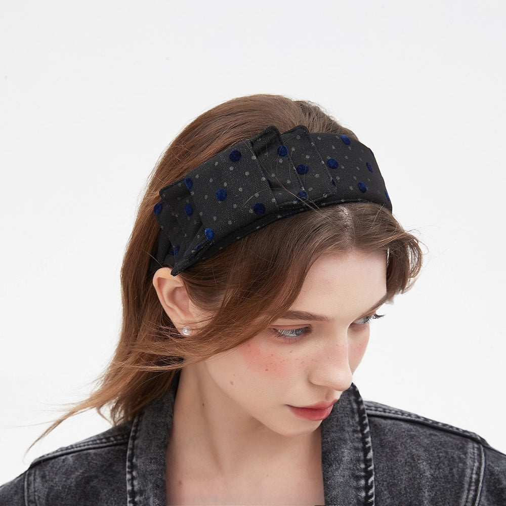 Black bow headband with blue velvet polka dots, embellished women's hair accessory