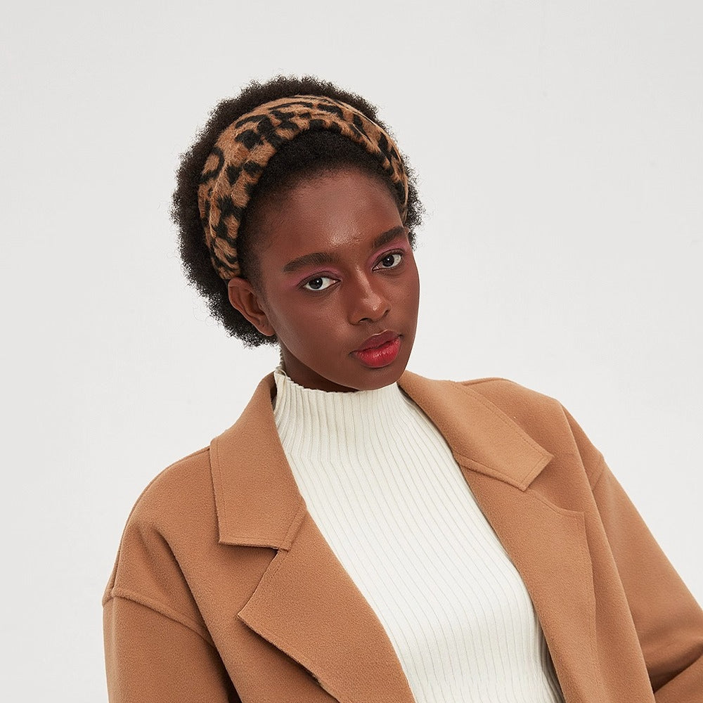 Brown and black leopard print faux fur headband, printed style for women