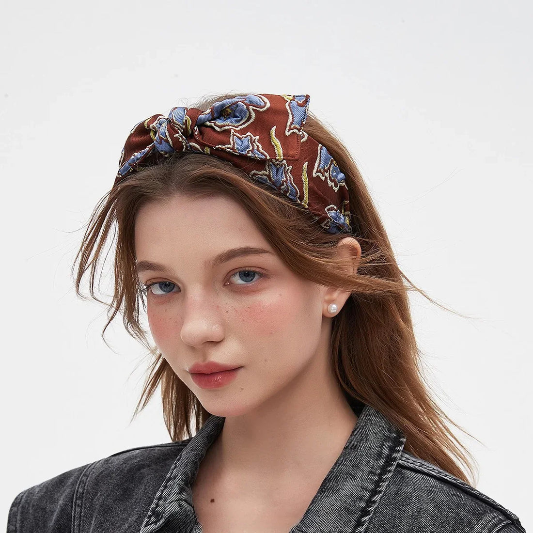 Brown fabric bow headband with blue floral print, women's printed bow headband