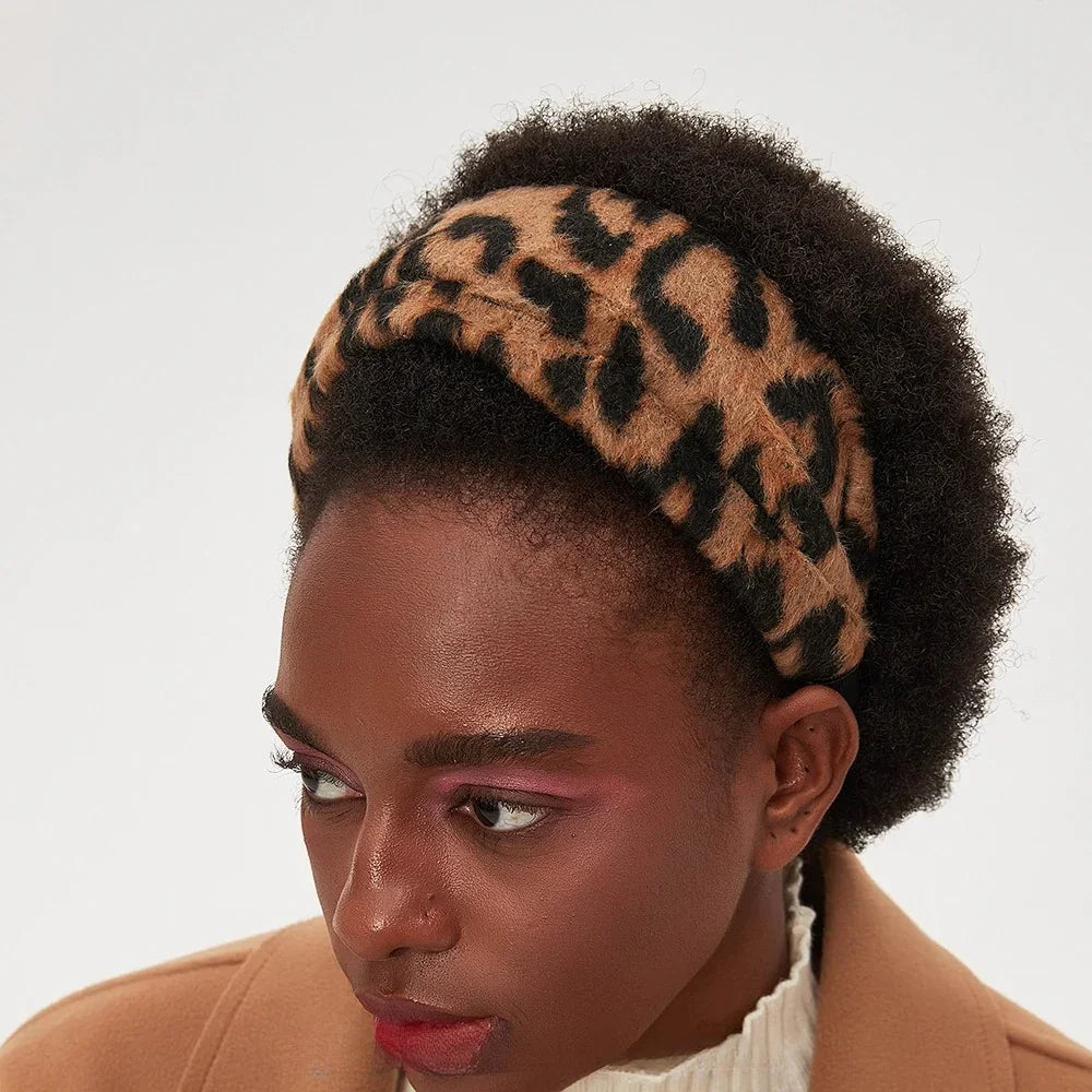 Brown and black leopard print fuzzy fabric printed women's headband