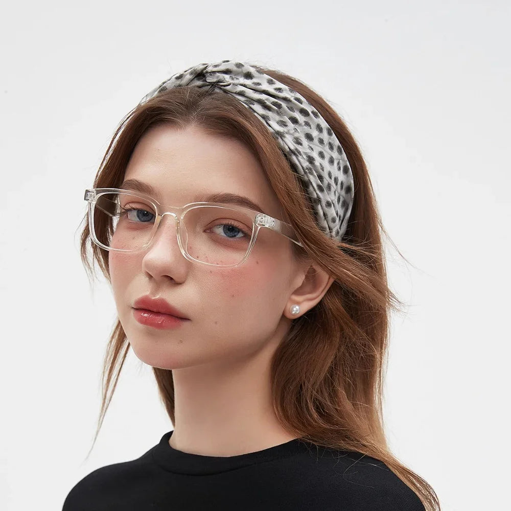 Light gray printed women's bow headband with black spots, soft fabric style