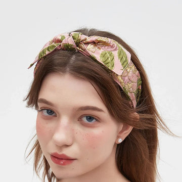 Pink and green floral printed women's bow headband with embroidered texture