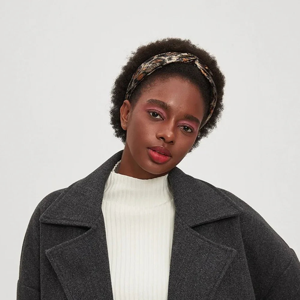 Women's printed fabric headband with autumn leaf pattern, twist knot style