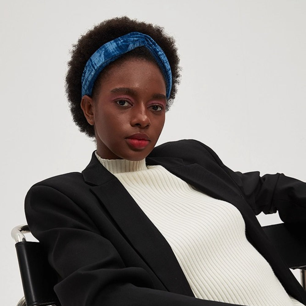 Blue velvet wide bow headband, women's embellished hair accessory