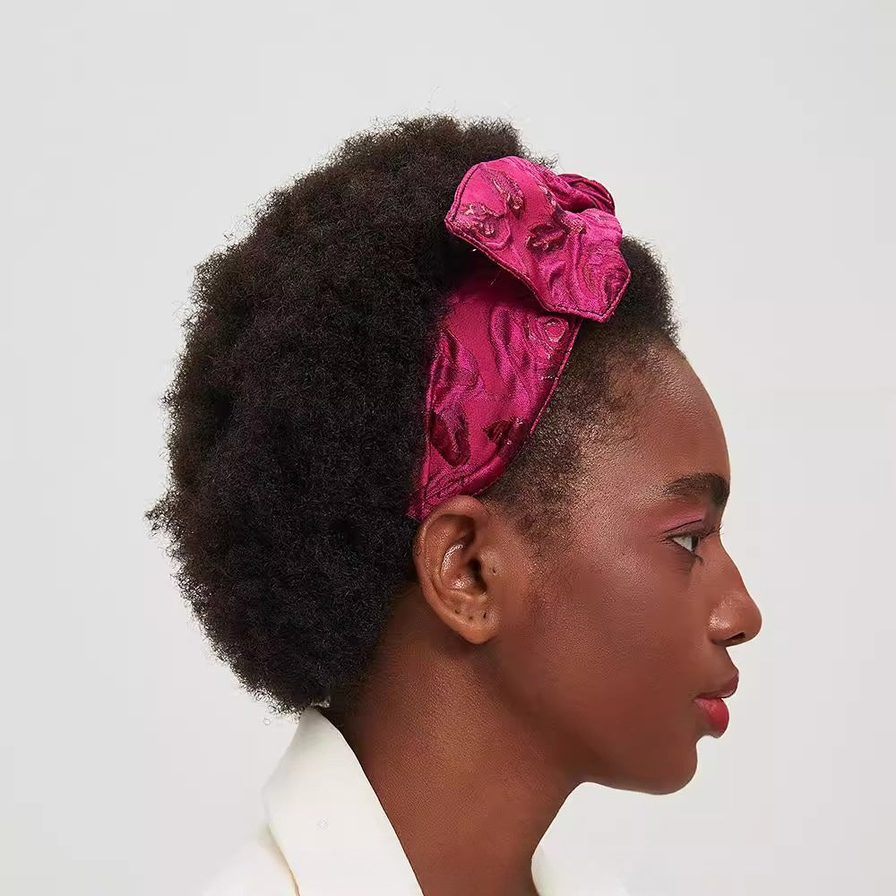 Fuchsia pink bow headband with textured floral velvet fabric, embellished women's headband