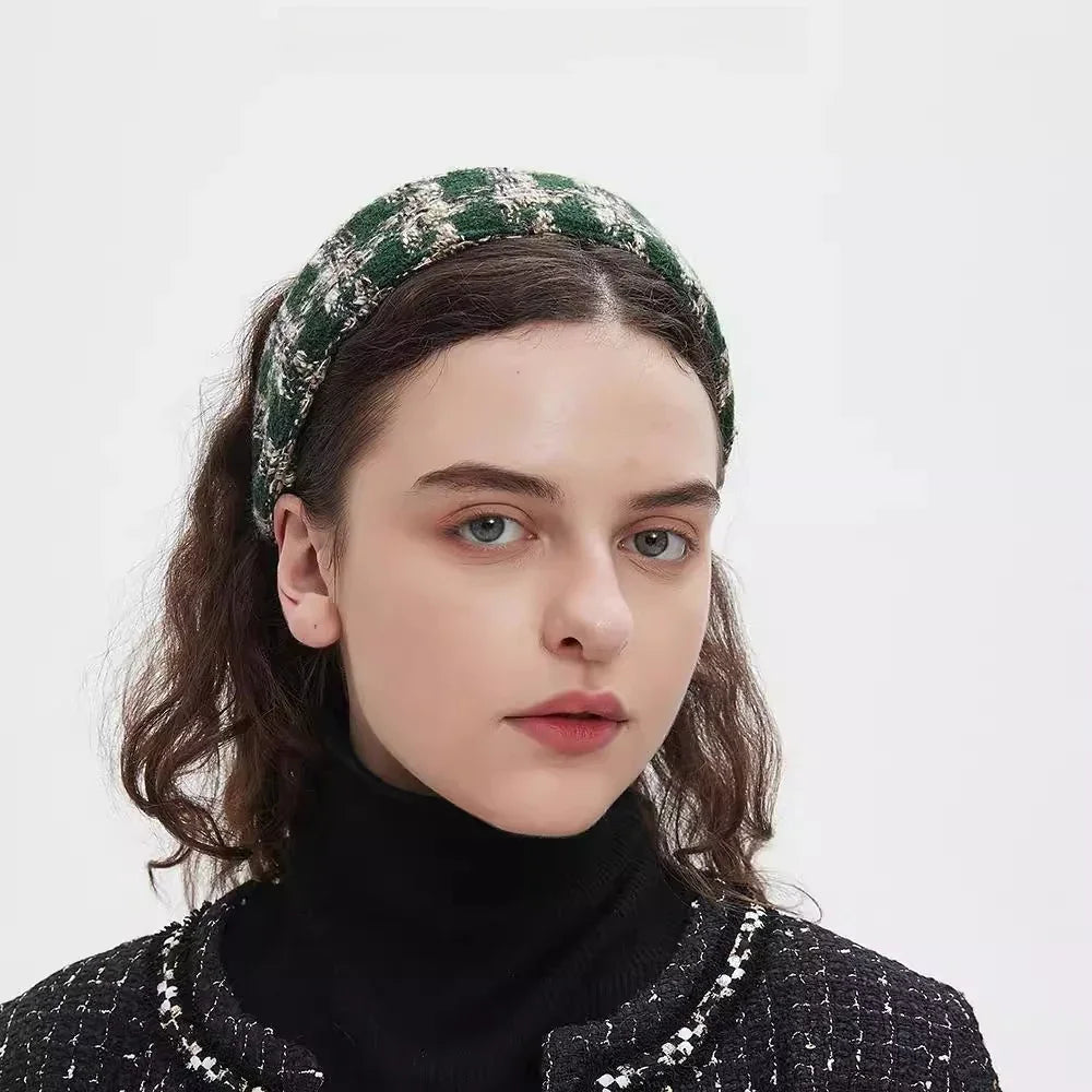 Green and beige plaid woven textured minimalist women's headband