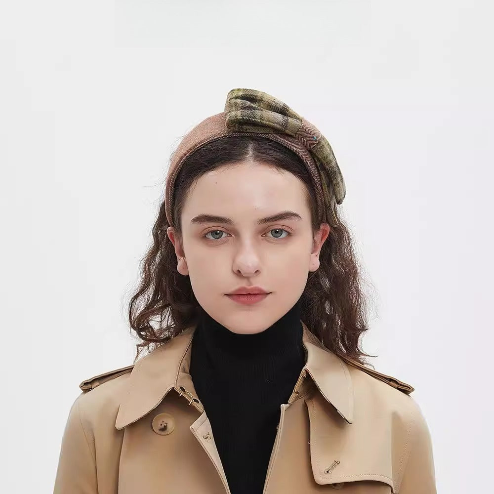 Brown and green plaid fabric bow headband, women's embellished winter headband accessory