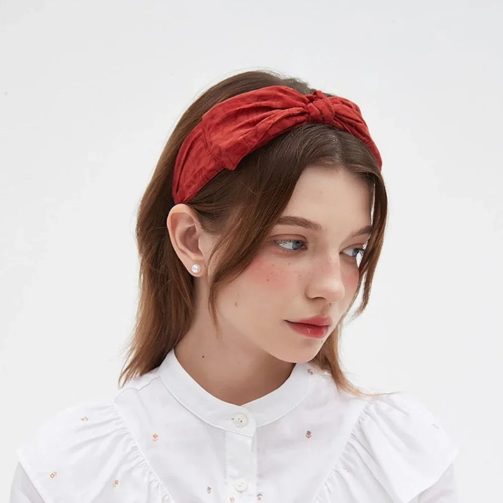 Red bow headband in textured fabric, women's embellished stylish hair accessory