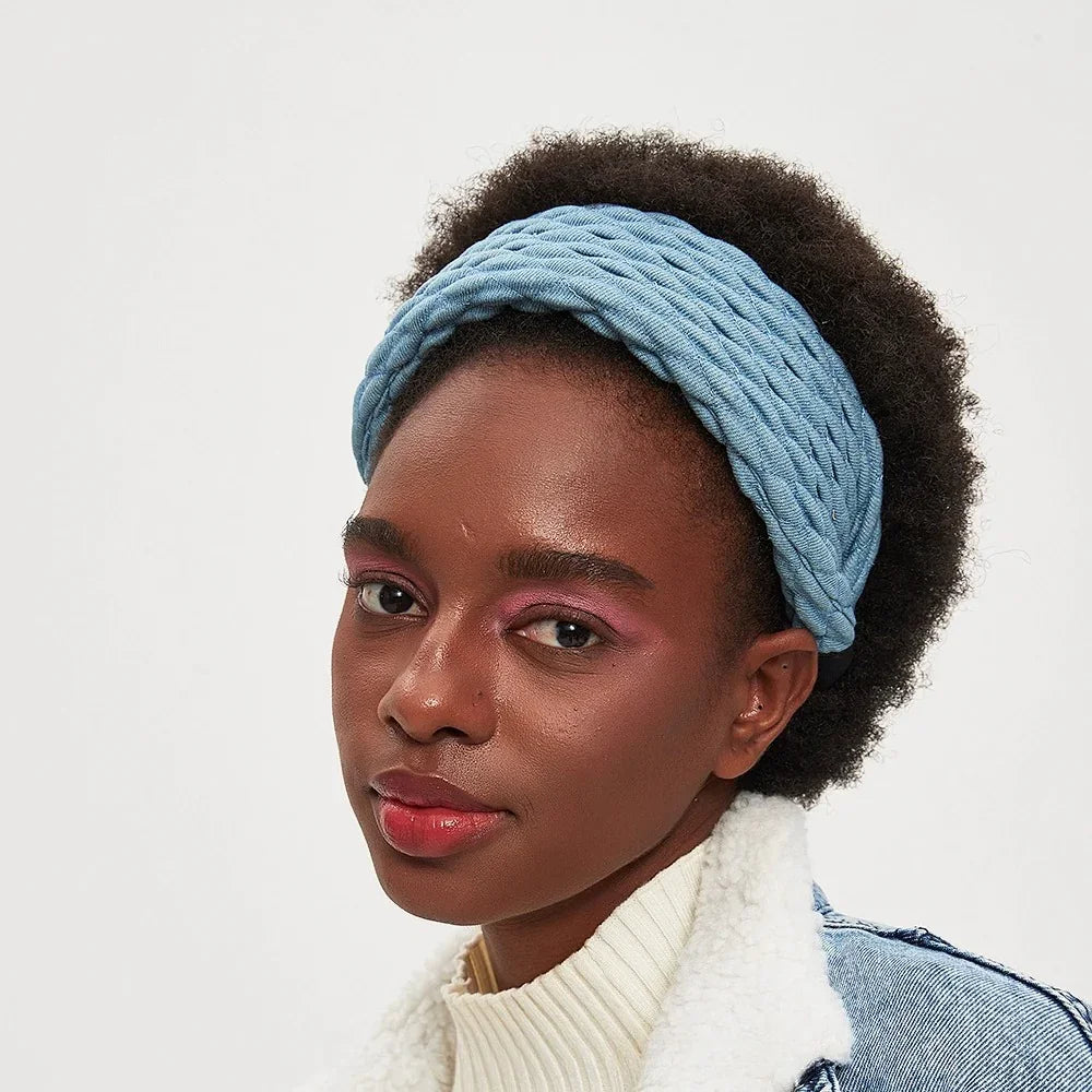 Blue textured fabric bow women's headband in minimalist style