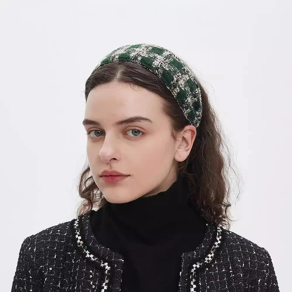 Green and beige checked fabric bow headband with textured weave, women's embellished accessory