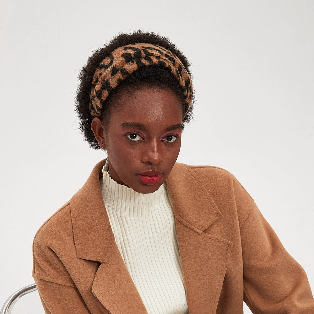 women's leopard print faux fur headband, embellished stylish winter accessory