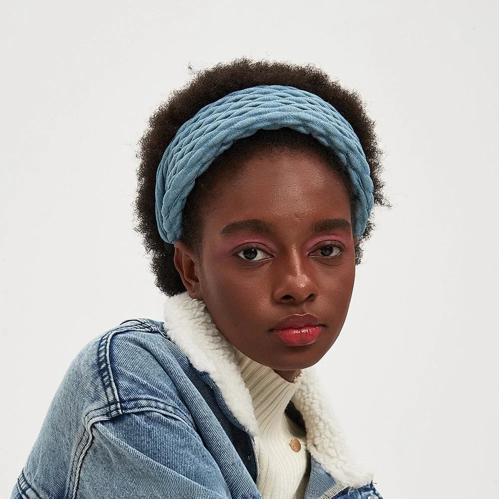 Blue twisted fabric headband in a minimalist style made of soft material