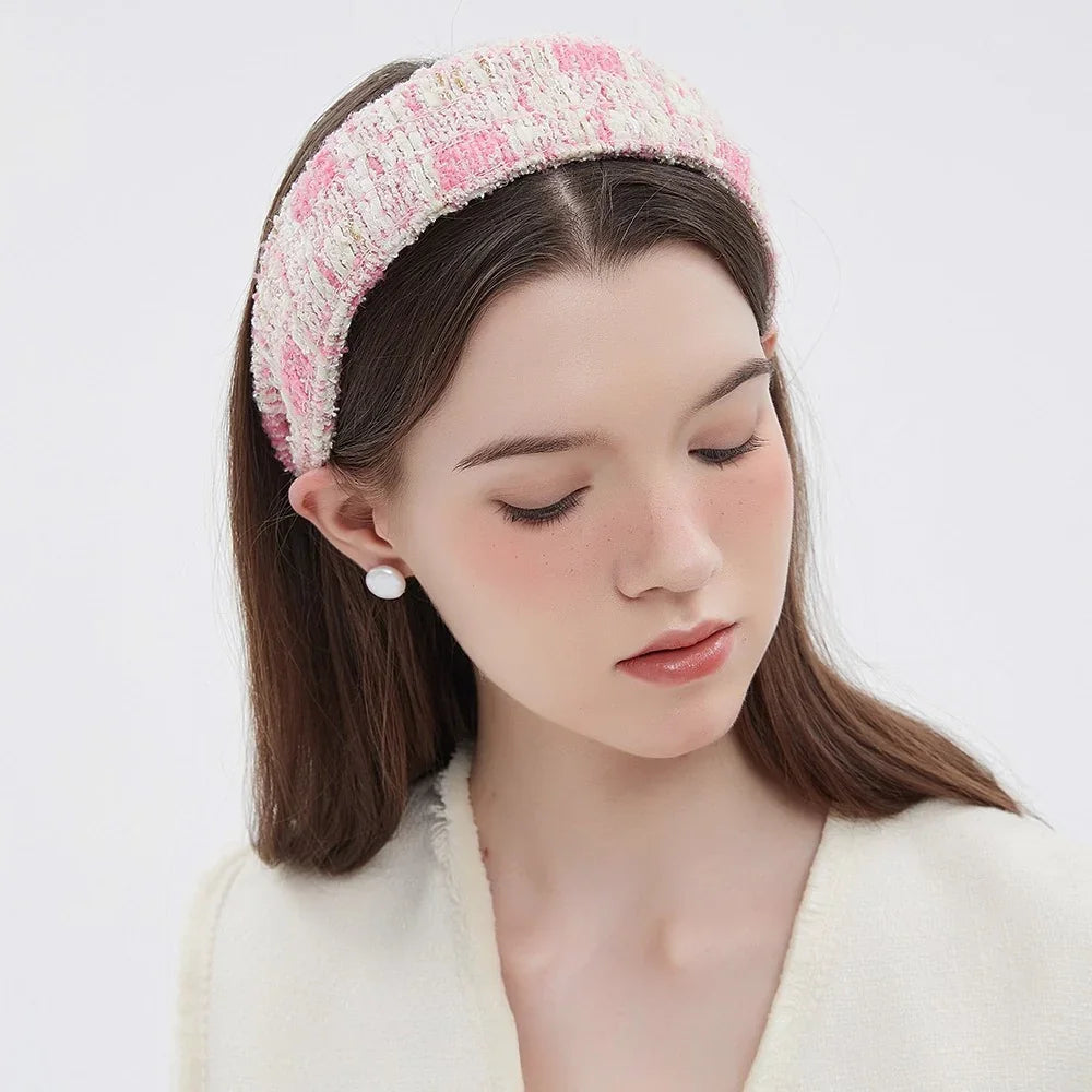 Pink and white tweed padded embellished women's headband with textured pattern