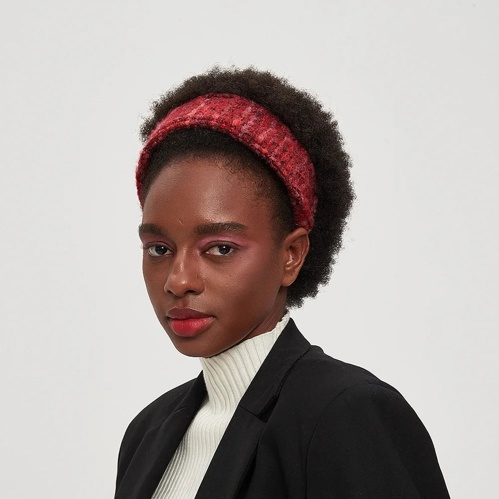 Red textured woolen minimalist women's headband on a model with natural hair