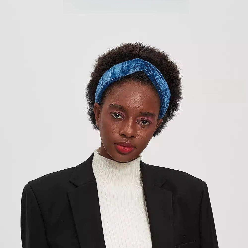 Blue velvet bow headband, women's embellished fabric hair accessory