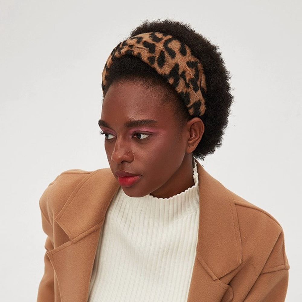 Leopard print plush fabric women’s printed headband with wide band style