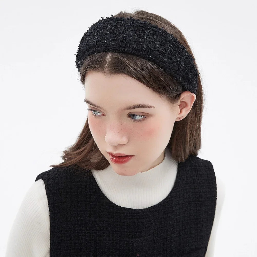 Black textured fabric minimalist women's headband with a wide band style