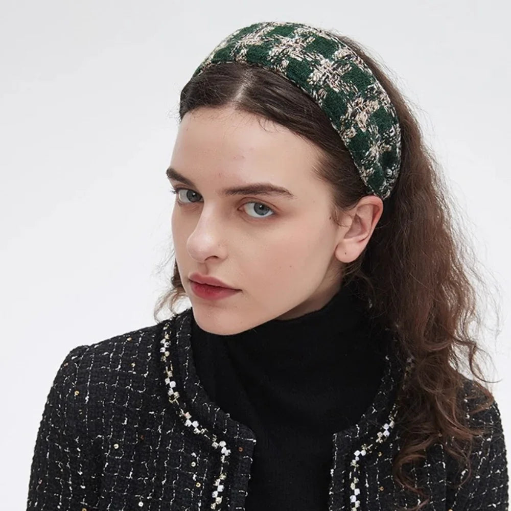 Green and white textured tweed embellished women's headband with a thick band style