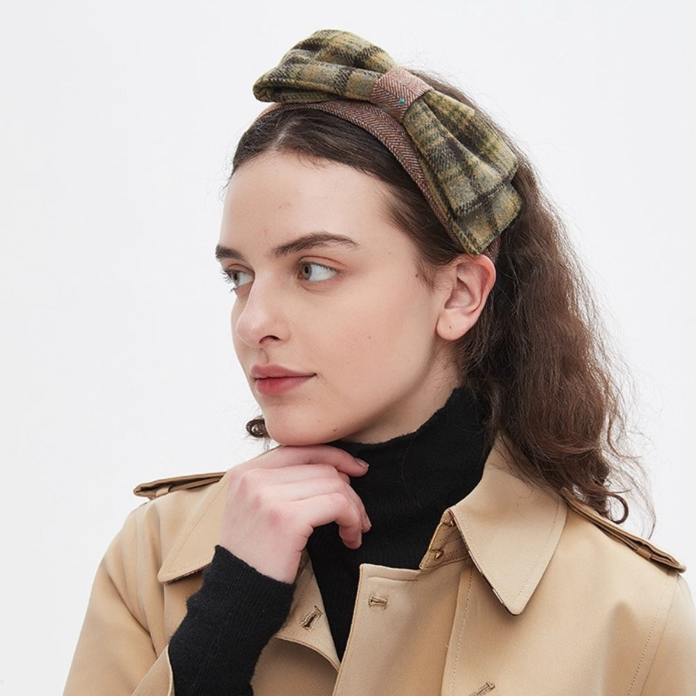 Women's plaid bow headband in green and brown wool blend, stylish winter accessory