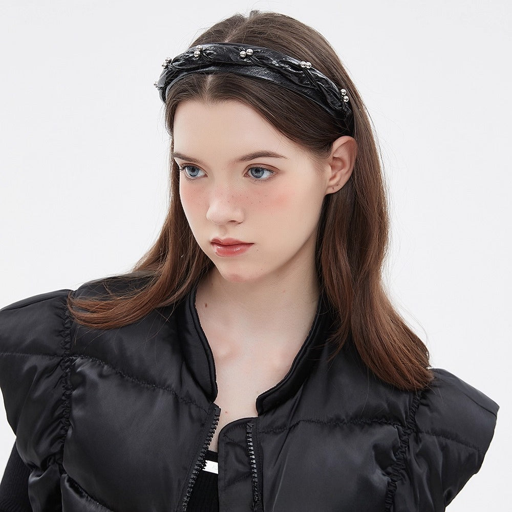 black leather embellished women's headband with silver bead details, stylish and modern