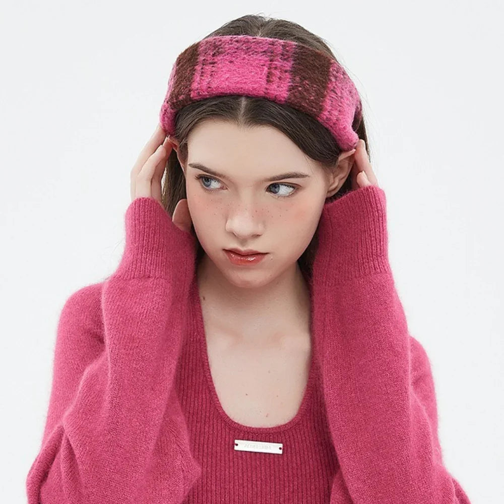 Women's knitted wide pink and brown checkered headband, cozy winter accessory